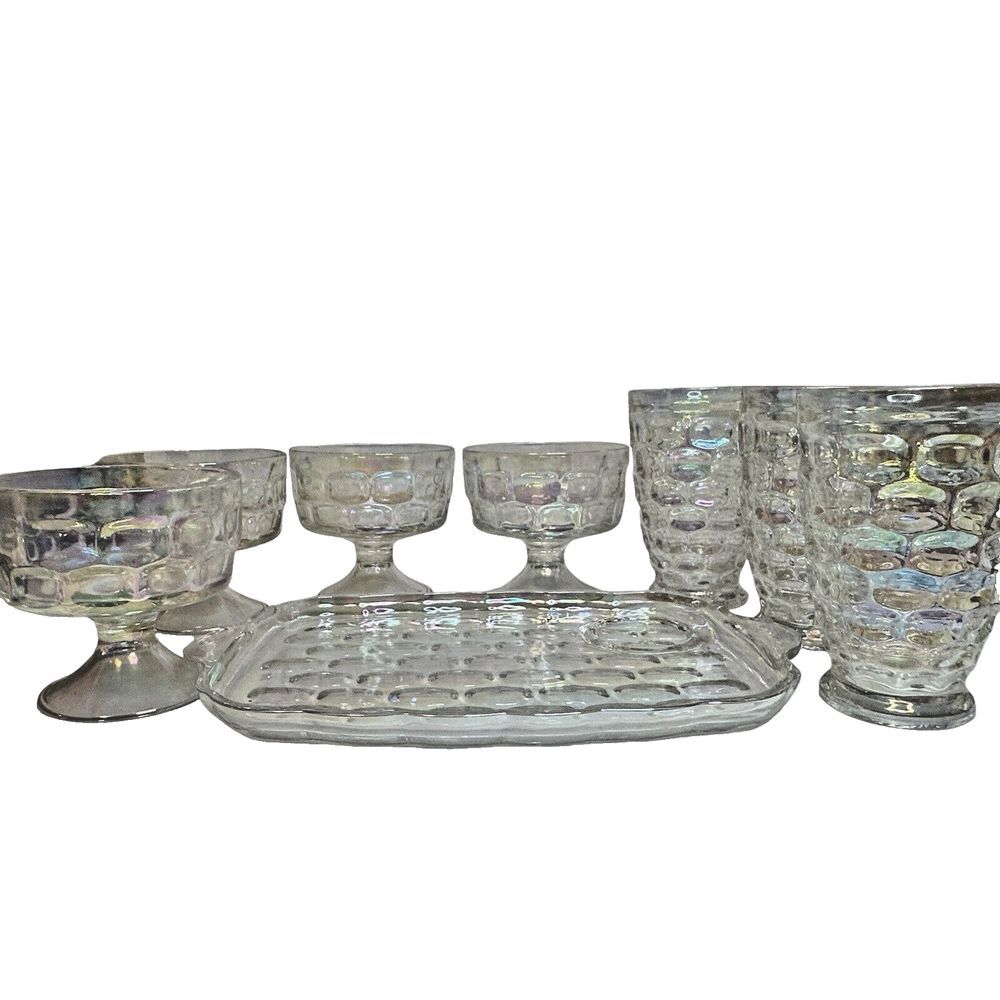 Vintage Federal Colonial Iridescent Glass Yorktown Dessert Cup and Tray Set 8pc